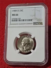1989-D WASHINGTON QUARTER   NGC MS 66  UNCIRCULATED                     #T0038