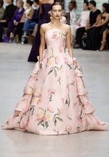 Carolina Herrera Pink Floral Strapless Ruffle Satin Silk Long Ball Gown 6