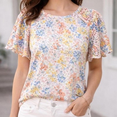 LOFT Petite Pastel Floral Lace Flutter Sleeve Top - Size Medium Petite