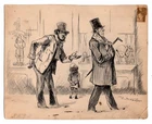 ORIG 1880's BEGGAR IN FRONT OF TOY STORE NEWSPRINT MAGAZINE ART - MICHAEL WOOLF