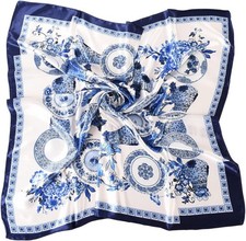 Women Blue White Satin Silk Feel Square Scarf 35x35 Hair Head Neck Wrap Gift