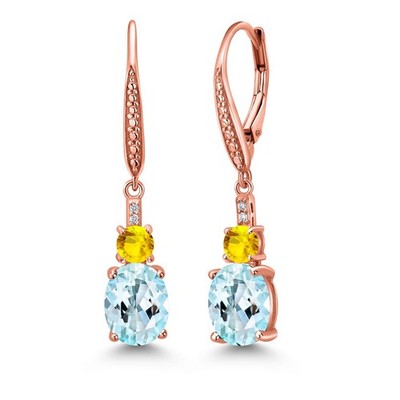 18K Rose Gold Plated Silver Sky Blue Topaz and Yellow Sapphire Dangle Earrings