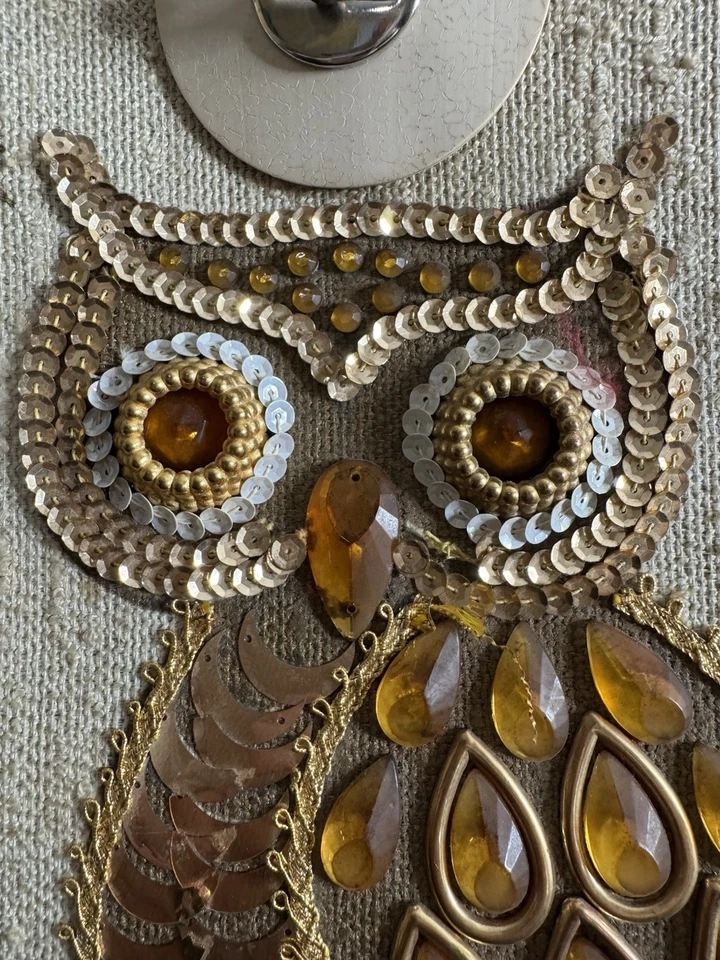 Vintage Jeweled Sequins Owl Handbag Mid Century Wood Bottom Canvas Satchel Purse - Image 2 of 4