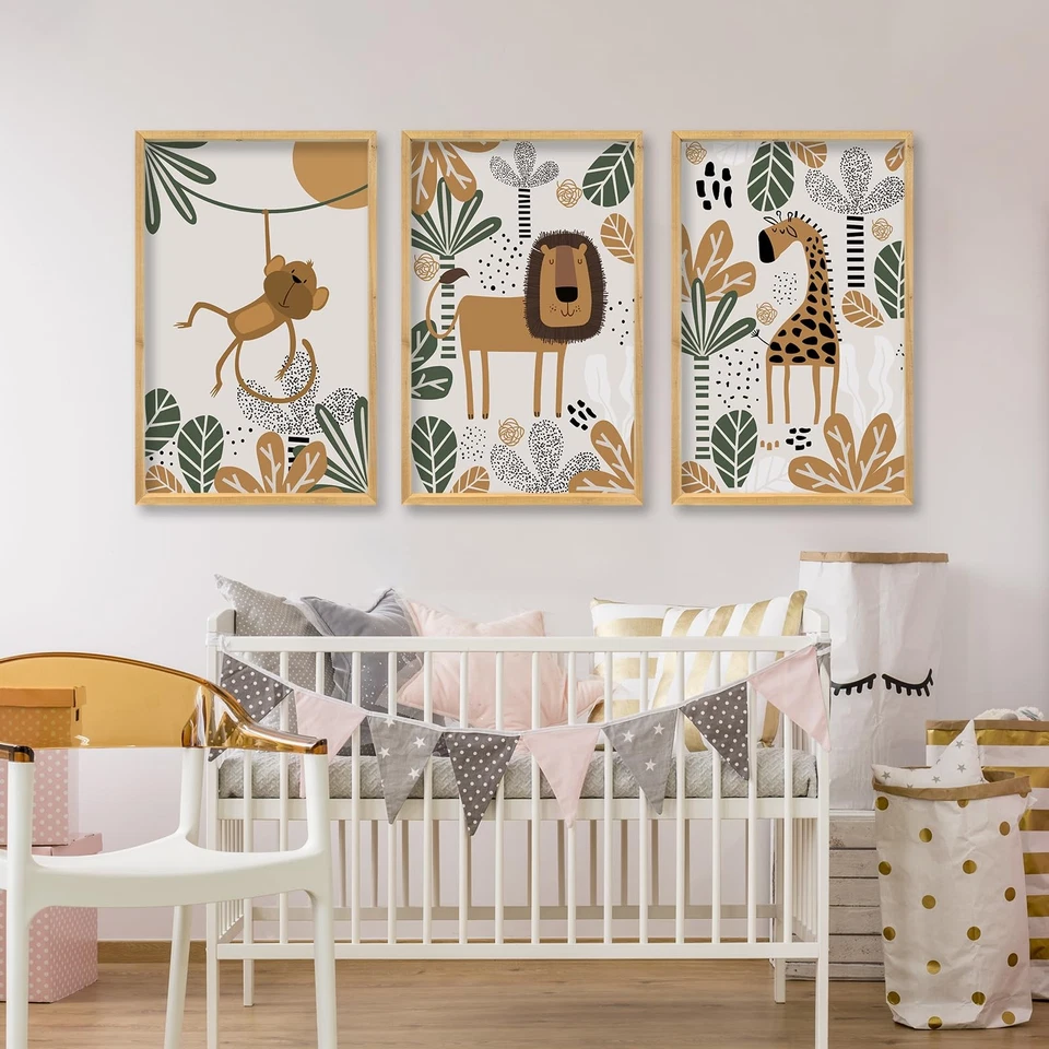 Arte de Pared Animales Safari Bebé 16"x24" Conjunto de 3 Marco de Madera Boho Habitación Niño Niña... Foto 4 de 4