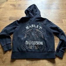Women  s Harley Davidson Zip Up Hoodie Sz XL Tattoo Style Roses Eagle Velvet