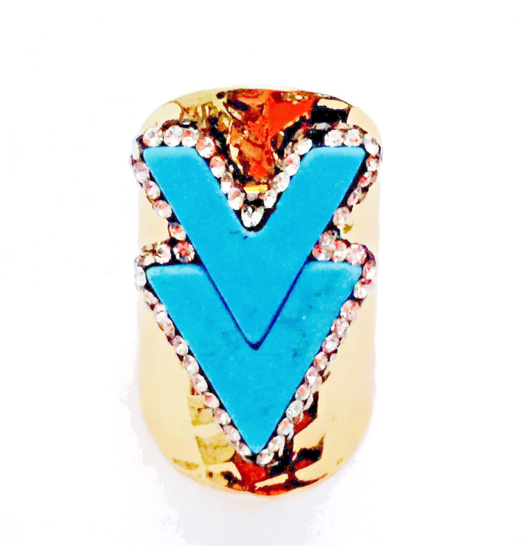 Boho Chevron Arrow Howlite Turquoise Ring Pave Crystal Gold Band Native Inspired