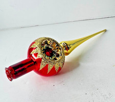 Vintage Blown Glass Christmas Tree Topper Red Green Gold Glitter Germany 11"