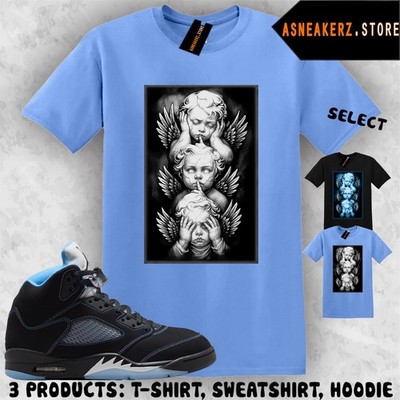 T-Shirt To Match AJ 5 Black UNC Blue 2026 Sneaker Matching Tee  NO EVIL T-Shirt