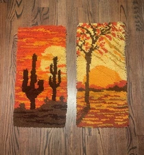 VTG 70’s Lot Of 2 MCM Latch & Hook Rug Wall Art Hanging 12x25 Cactus Sunset Boho