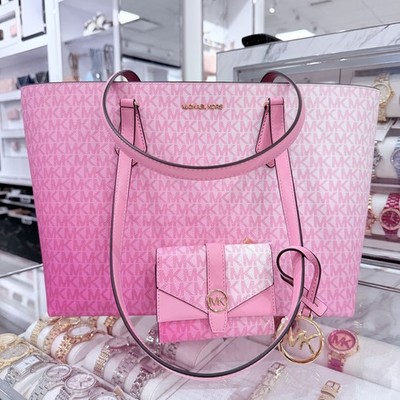 Michael Kors Sheila Large Tote Multifunction Bag + Wallet Set MK Logo Carnation
