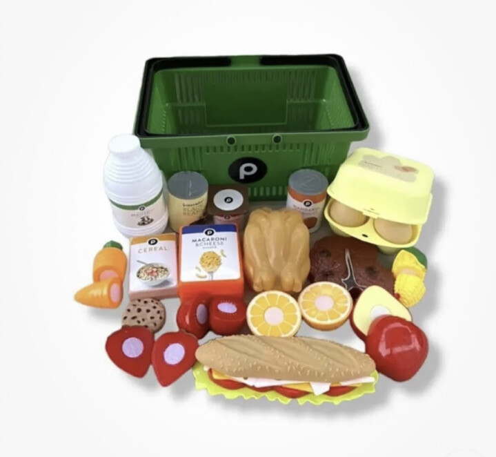 Publix Toy Shopping Play Food Basket with 22 Piece Play Food Milk Egg