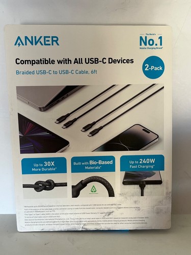 Anker Braided Durable USB-C to USB-C Cable 6-Feet, 240W Fast Charge, 2 Pack - Zdjęcie 3 z 4