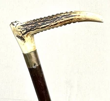Vintage Antique Antler Stag Handle Brass Mount Wood Horse Bull Crop Whip Old
