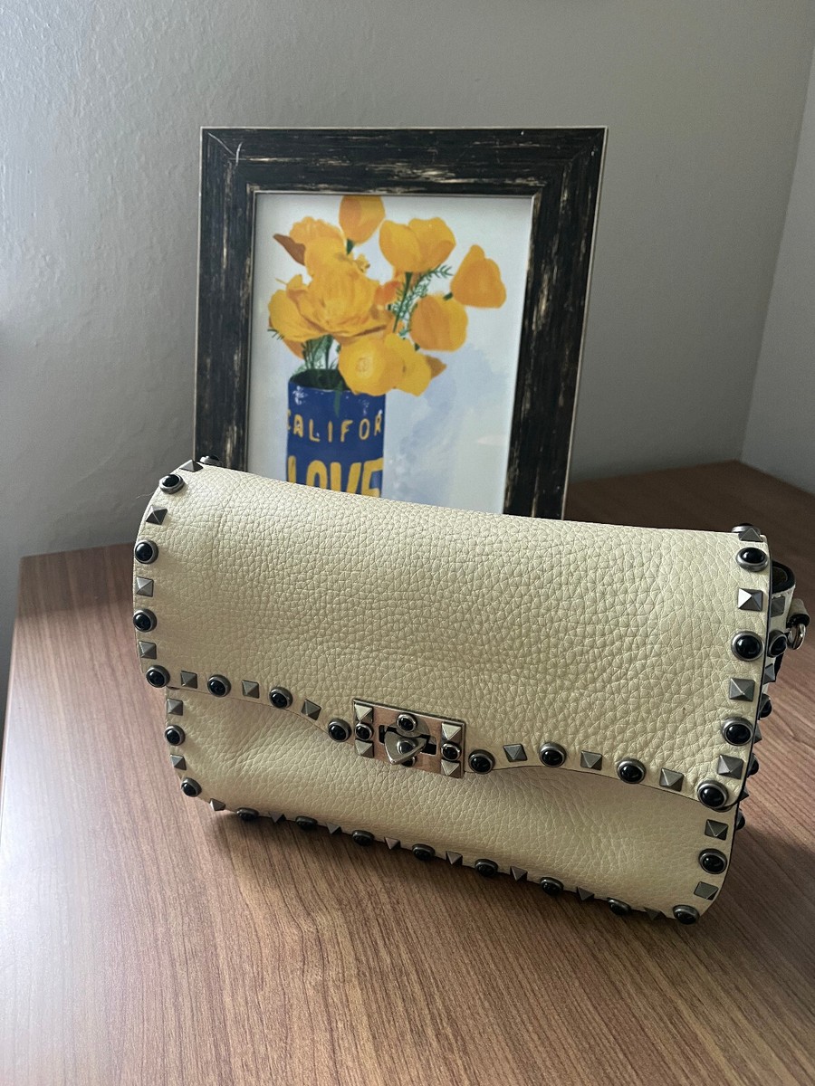 Valentino Garavani Rockstud grainy calfskin crossbody bag Light Ivory w/o  strap