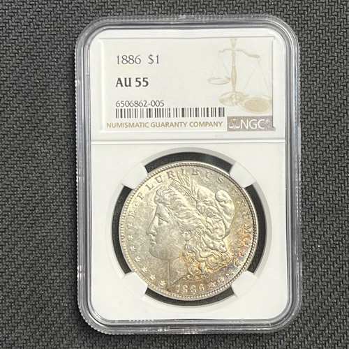 1886 $1 AU 55 NGC Rainbow Toned Morgan Silver Dollar 90% Graded Slab Coin
