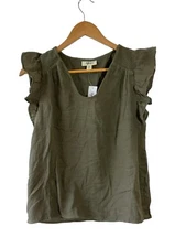 Style & Co. Size Petite M Green Flutter Sleeve Smocked Shoulder Top - New