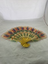 Vintage Folding Hand Fan Pierced Vellum Hand Painted Abstract Flower Pattern 12"