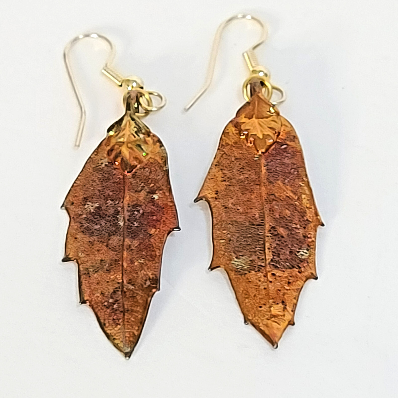 Real Skeleton Leaf Dangle Hook Earrings Gold over… - image 3