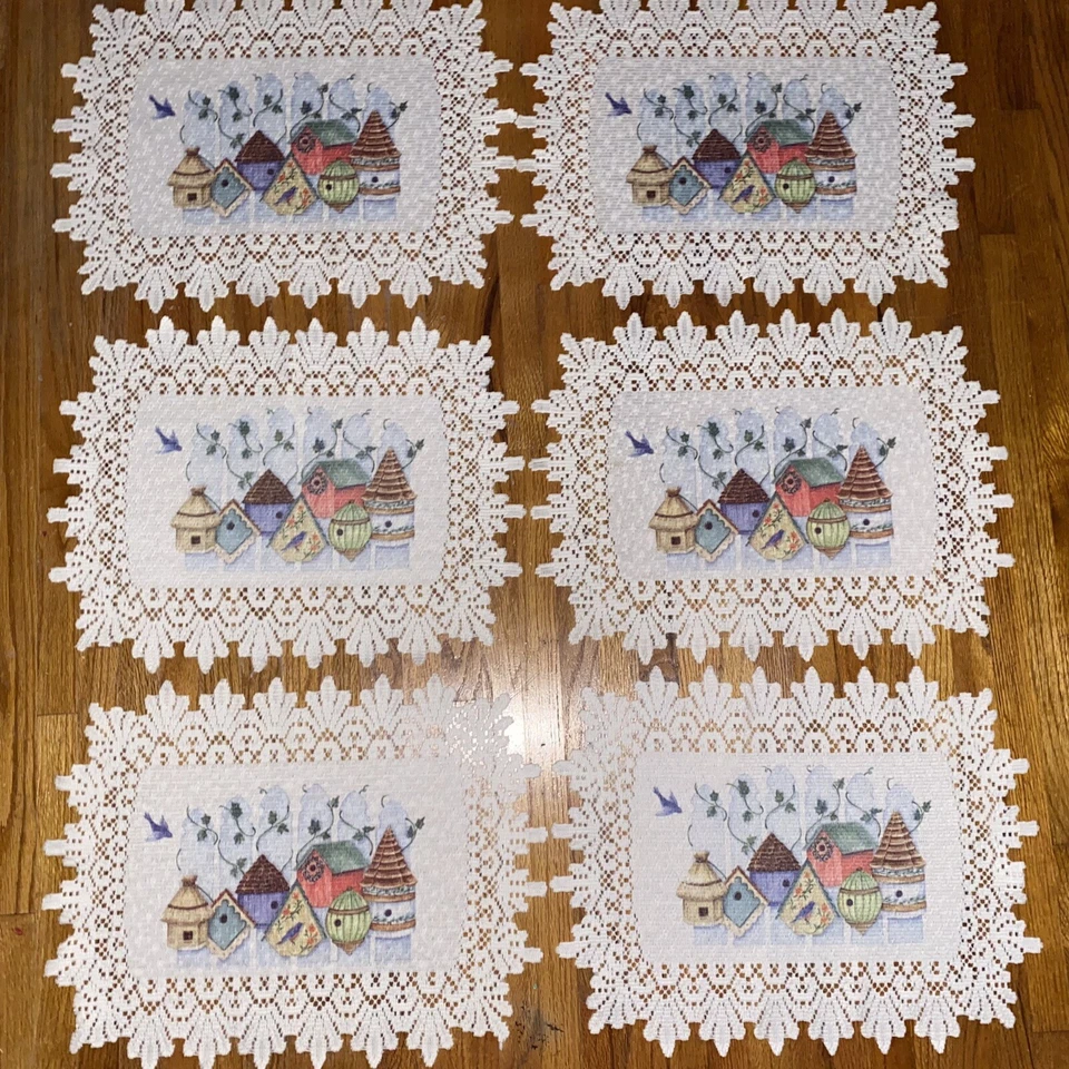 Vintage SET of 6 BIRDHOUSE LACE BORDER Doilies Bluebird & Ivy on Fence - Image 4 of 4