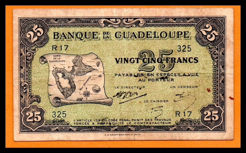 Guadeloupe VF Note 25 Francs ND (1942) P-22b PMG 25 Very Fine, Sig. A. Boudin. - Image 3 of 4
