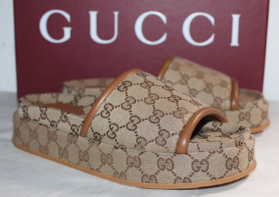 NWB Gucci GG Supreme Padded Platform Sandals Slides Beige Ebony 40 816797