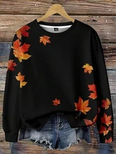 Women’s Maple Leaf Print Round Neck Loose Fit Sweatshirt For Autumn & Winter