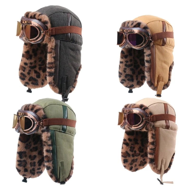 Leopard Print Faux Furs Pilot Hat Winter Warm Adjustable Ear Flap Unisex Cold