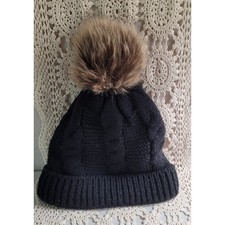 Black Cable Knit Beanie Hat with Faux Fur Pom Pom