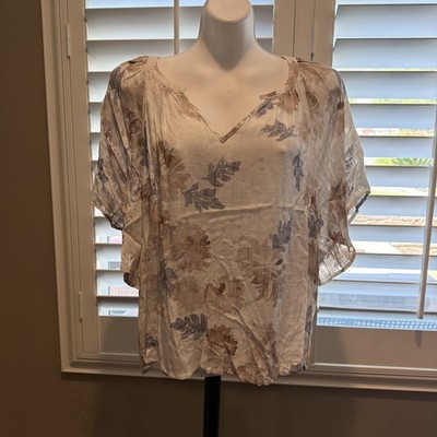 Lovestitch Women s Floral Boho Peasant Blouse Top Cream Taupe Size Large NWT