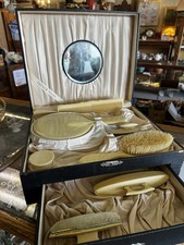 10 Piece French Ivory Celluloid Art Deco Vanity Dresser Set 1920s In Orig. Case
