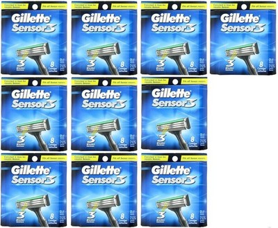 80 GILLETTE SENSOR 3 RAZOR BLADES REFILL CARTRIDGES- 10 PACKS TOTAL NEW OFFER!!