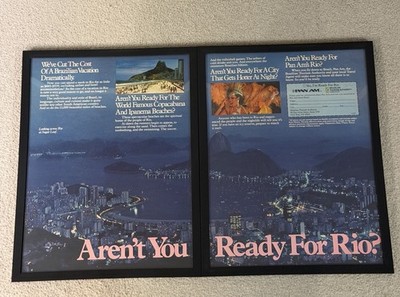 Vintage Pan Am Rio Brazil Travel Ad Set Framed Copacabana Ipanema Prints 2 Pc