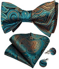 Men Bow Tie Paisley Striped Self-Bow Tie for Men and Silk Woven Bowtie 04 Teal