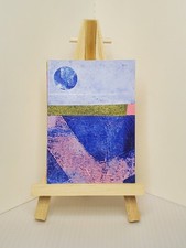 Carte d'art originale ACEO paysage de collage acrylique abstrait, bleu cosmique