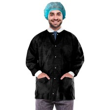 Black Disposable Lab Jackets SMS 50gsm Snap Front 100 Count X-Large 32 in
