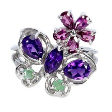 925 Sterling Silver Ring Pear Amethyst Emerald Rhodolite Gemstone Jewelry Sz 9