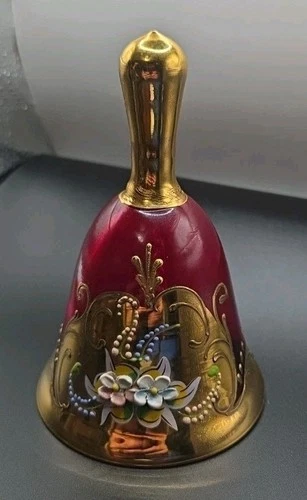 Vintage Murano Bohemian Venetian Ruby Red glass Collector's Bell Flowers Gold