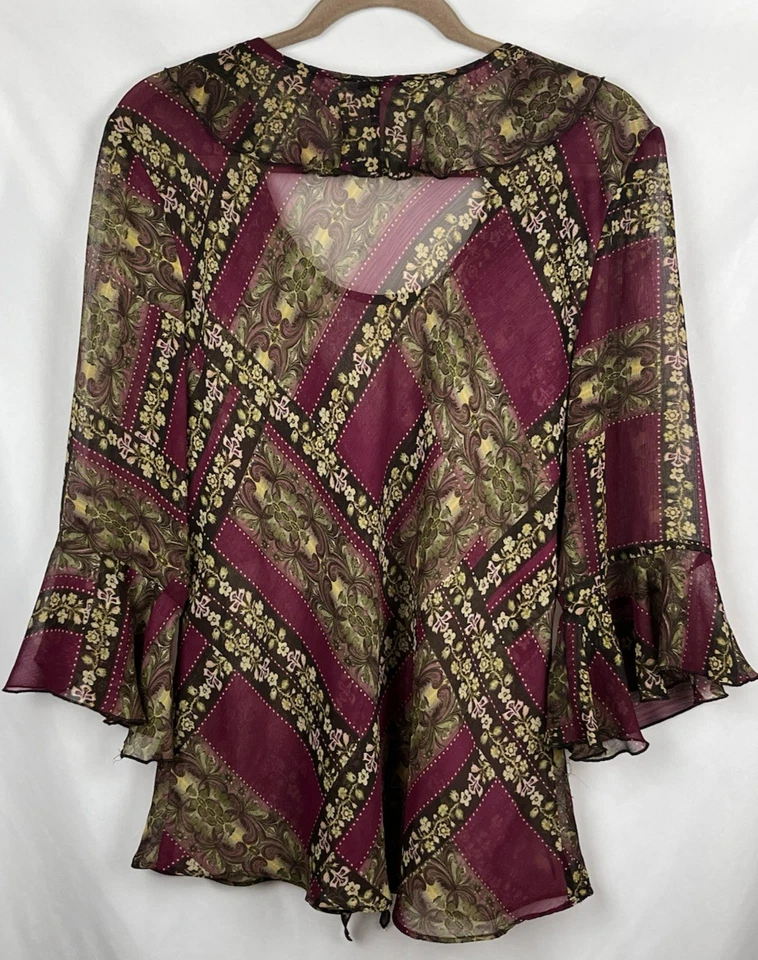 Blusa Retro Fluida Hada Corbata Frontal Volantes Manga Campana Floral Cachemira Granate Foto 2 de 4