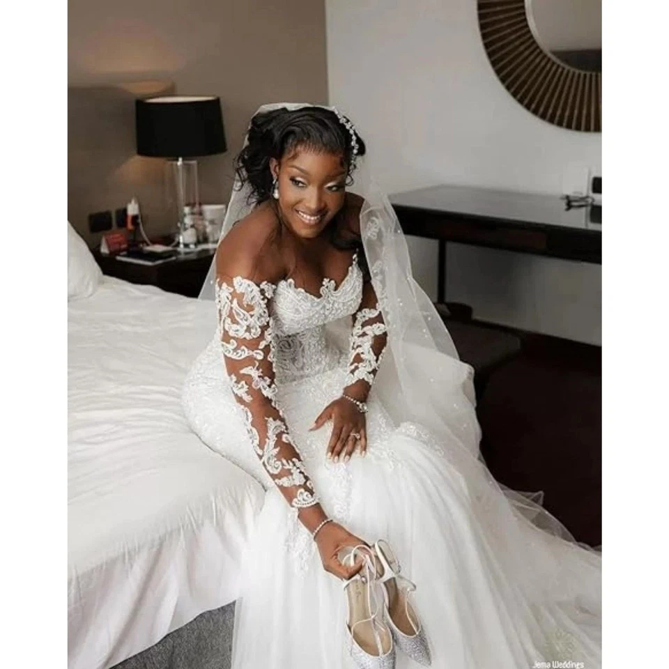 IS-NUEVO CON ETIQUETAS US12 Vestido de Boda Sirena Encaje Apliques Playa Boho Vestidos de Boda Con Cuentas Foto 4 de 4