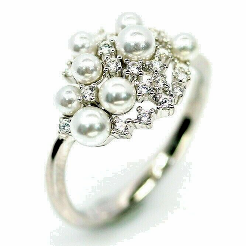 NATURAL WHITE FRESHWATER PEARL RING W/WHITE CZ 925 STERLING SILVER 14K WGP 7.5 - 第 1/3 張圖片
