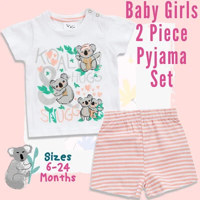 Baby Girls Novelty Koala Hug Glittered Print Striped Pyjama Set Summer Outfit UK