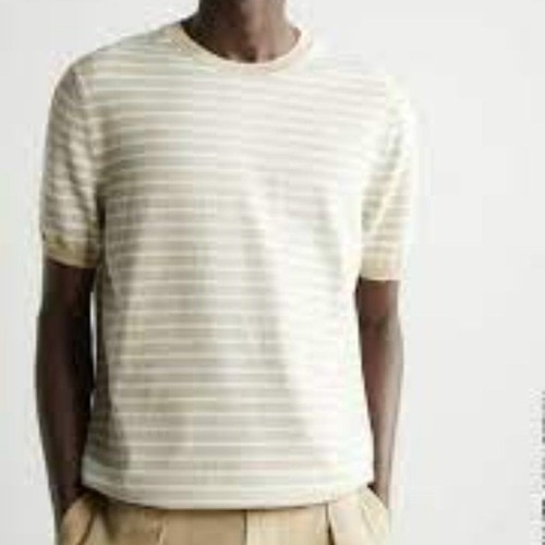 Zara Shirt Men's Size Med Tan Blue Striped Short Sleeve Cotton Round Neck NEW - Picture 3 of 4