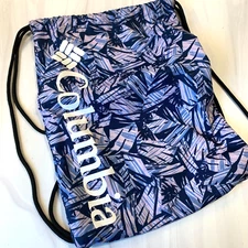 Columbia Drawstring Backpack Bag Travel Tote Nylon Leaf Pattern Logo Spell Out