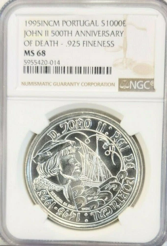 1995 PORTUGAL SILVER 1000 ESCUDOS JOHN II 500TH ANNIVERSARY NGC MS 68 TOP POP