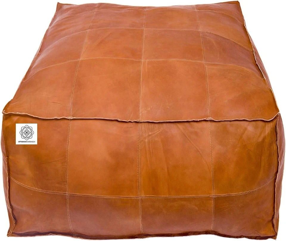 30''New Boho Moroccan Brown Trending Leather Genuine Unstuffed New Pouffe - Image 3 of 4