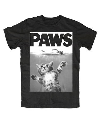 PAWS T-Shirt Tee Jaws Shark Cat Kitten Parody Movie Poster Weisser Hai