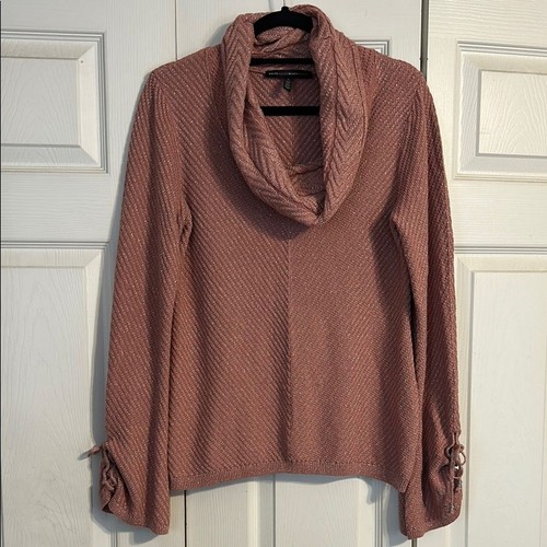 WHITE HOUSE BLACK MARKET Large Dusty Rose Cowl Neck Sweater Tie Cuffs Metallic - 第 1/9 張圖片