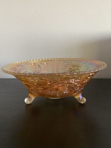 Vintage Imperial Marigold Carnival Glass Open Rose 3 Footed Bowl Iridescent - Picture 3 of 11