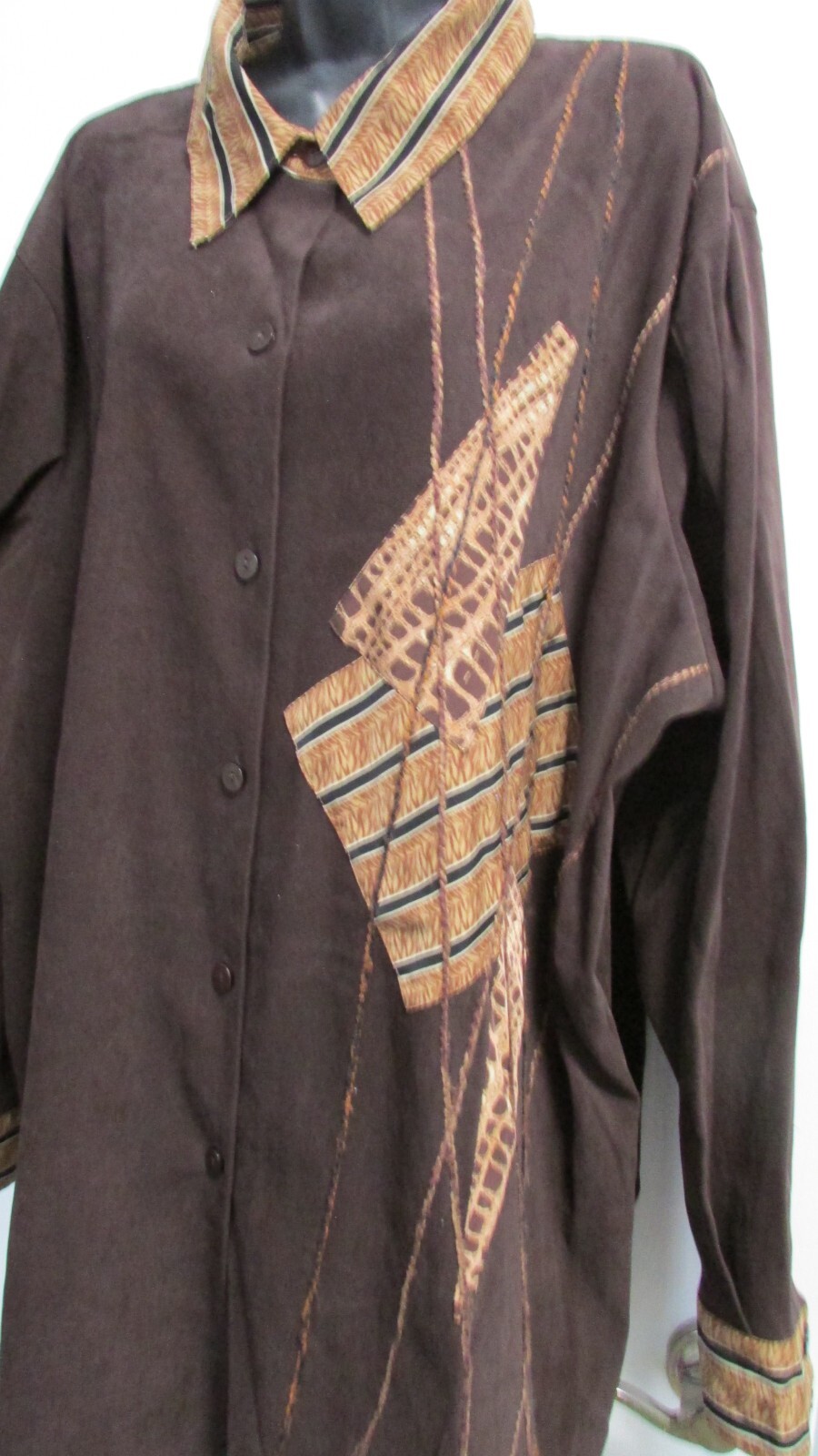 Women's 3X Brown Patchwork Collar Button LS Shirt… - image 6