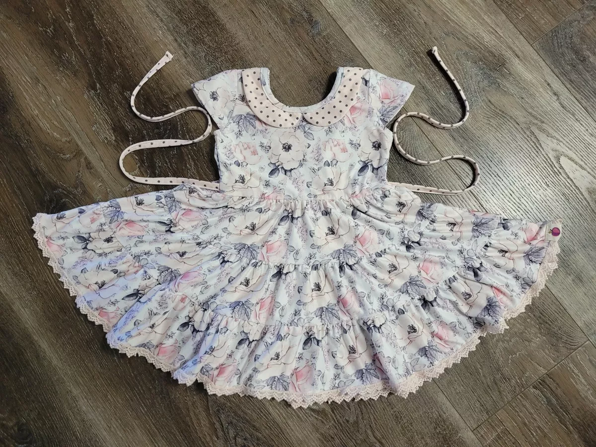 Cheeky Plum Baby Dress Size 6-12 months Pink Grey Floral Pin Dot Dot Ruffle  Tie